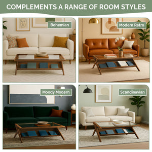 English Elm Wood and Tempered Glass Mid-century Coffee Table with Open Shelf for Living Room B035P408395