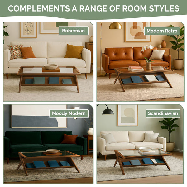 English Elm Wood and Tempered Glass Mid-century Coffee Table with Open Shelf for Living Room B035P408395