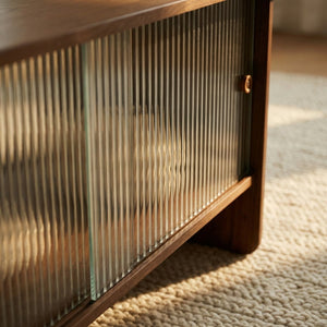 English Elm 47"rectangular Coffee Table Fluted Glass Sliding Doors Retro Wood Grain Living Room Storage Brown W3935P408518