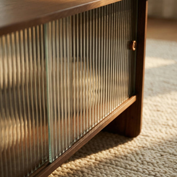 English Elm 47"rectangular Coffee Table Fluted Glass Sliding Doors Retro Wood Grain Living Room Storage Brown W3935P408518
