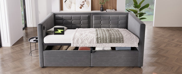 English Elm Upholstered Twin Daybed with Hydraulic Storage, Velvet Tufted Sofa Back, USB & Type-C Charging Port Gray N736P303402G