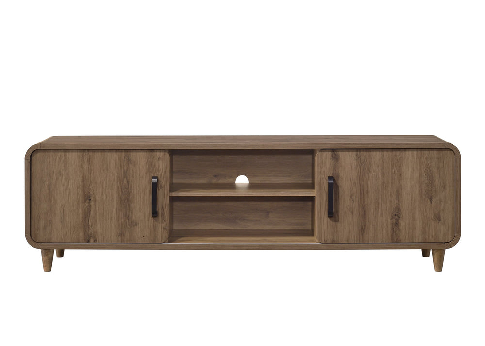 English Elm 1pc Mid-century Wooden Tv Stand with Sliding Doors Tapered Legs Warm Brown Finish B2741P482245