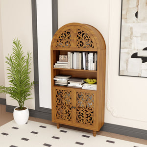 English Elm Vintage Hand-carved Solid Wood Bookcase Tall Arched Open Shelf Cabinet for Living Room W3123P485777