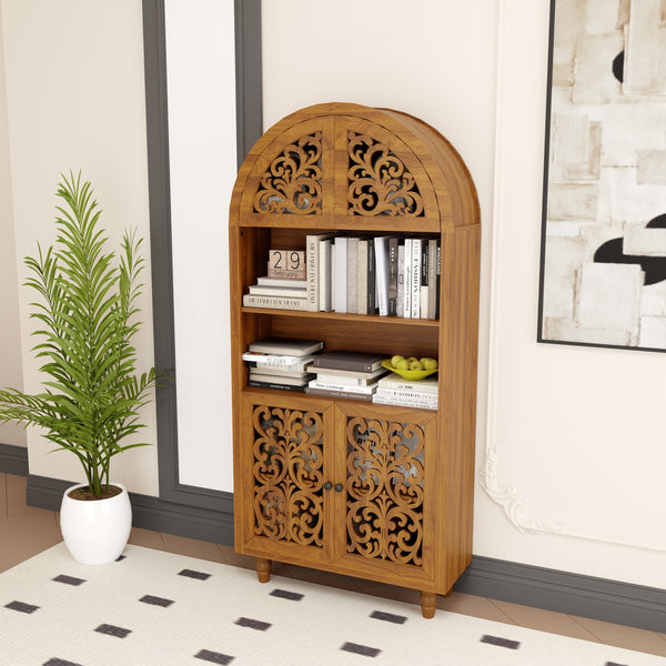 English Elm Vintage Hand-carved Solid Wood Bookcase Tall Arched Open Shelf Cabinet for Living Room W3123P485777