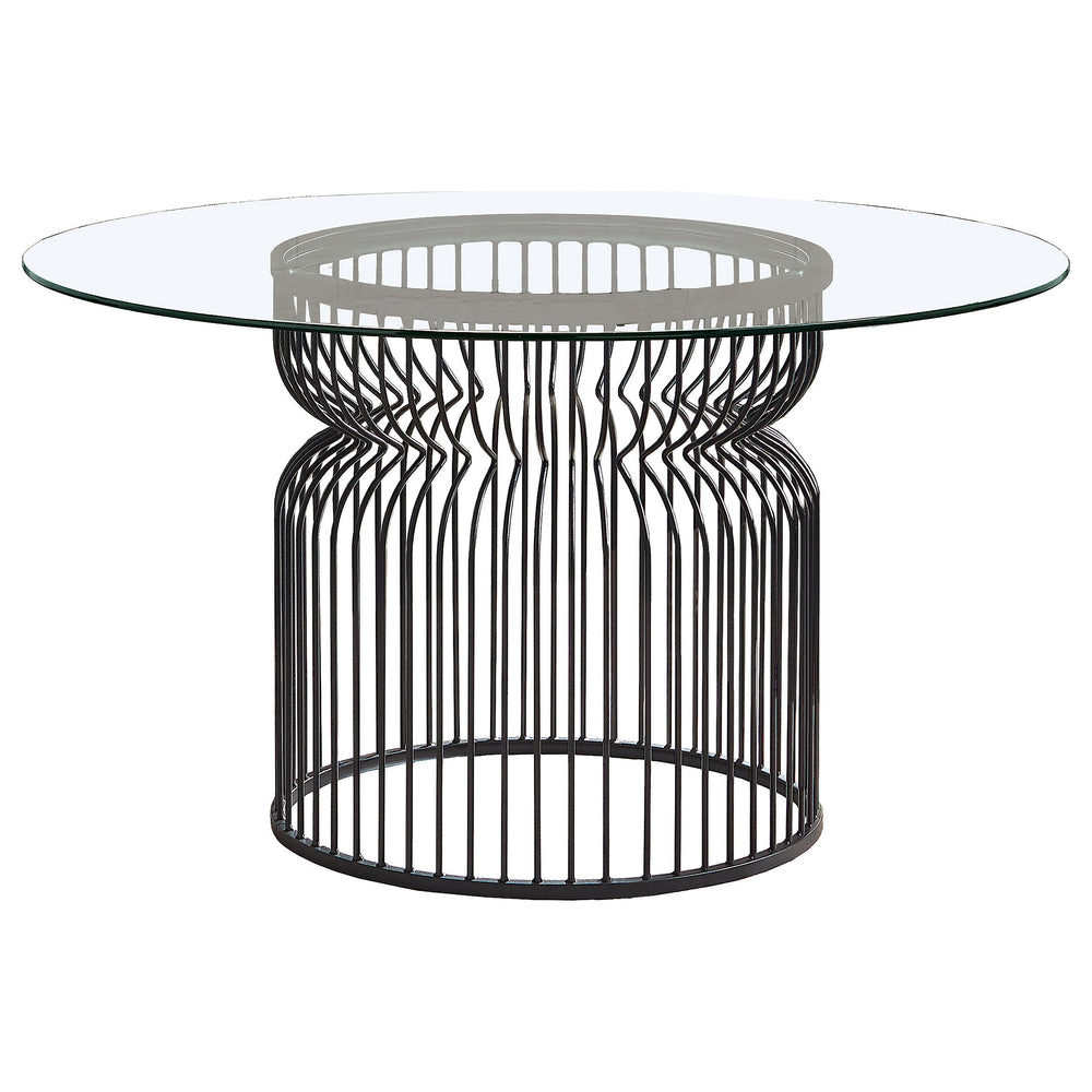English Elm Gunmetal Round Dining Table with Cage Base and Beveled Tempered Glass Top Seats Five B062S01825
