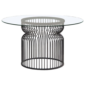 English Elm Gunmetal Round Dining Table with Cage Base and Beveled Tempered Glass Top Seats Five B062S01825