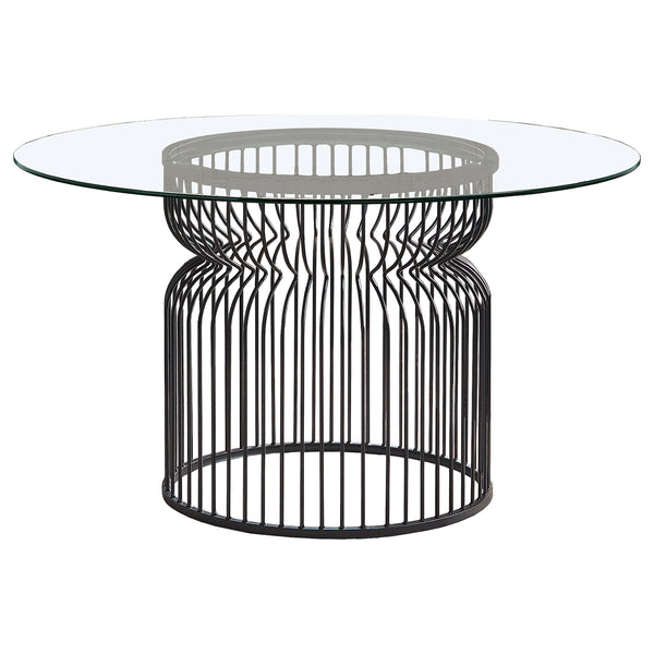 English Elm Gunmetal Round Dining Table with Cage Base and Beveled Tempered Glass Top Seats Five B062S01825