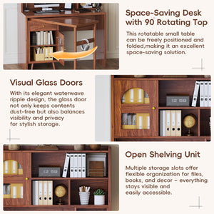 English Elm Computer Desk with Rotating Extension Panel Walnut Finish Glass Cabinets Home Office N733S363716D