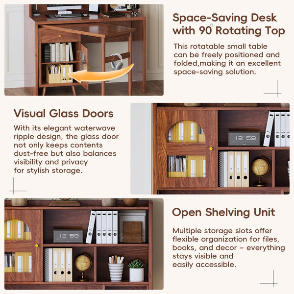 English Elm Computer Desk with Rotating Extension Panel Walnut Finish Glass Cabinets Home Office N733S363716D