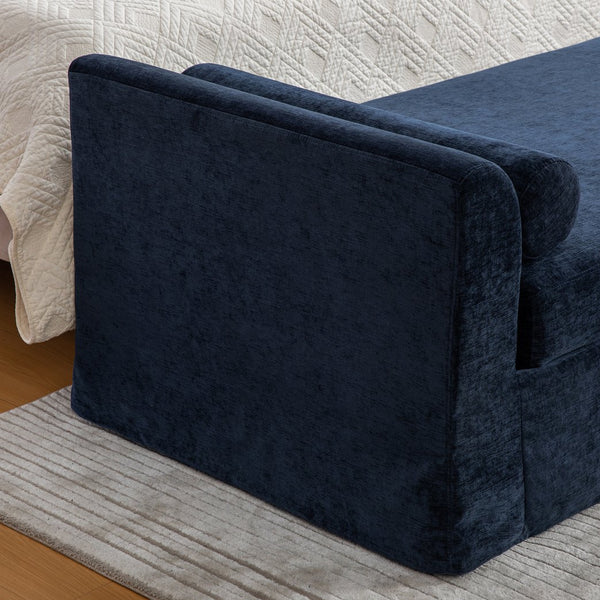 English Elm 88.58" Wide Chenille Upholstered Bench with Curved Armrests and Bolster Pillows for Bedroom Navy W3189S00029