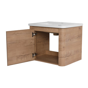 English Elm 24'' 24" Wall-Mounted Bathroom Vanity with Ceramic Sink, Soft-Close Door, Plywood Build, Space-Saving Design Imitative Oak W999P317928
