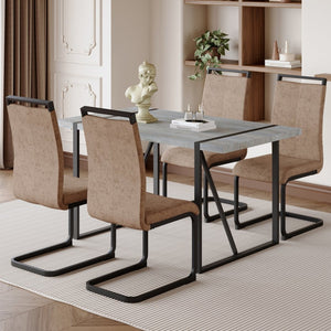 English Elm Table Set - Modern Minimalist Grey Marble Mdf Dining Table With 4 Brown Chairs And Black Legs W1151S02681-GIGA