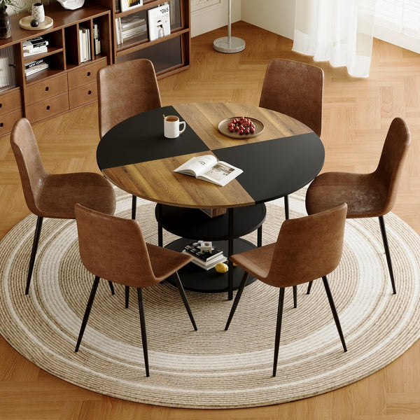 English Elm Table and Chair Set 47 Inch Round Geometric Two-tone Dining with Storage Base W1151S03340