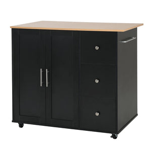 English Elm Mobile Rolling Kitchen Island with 3 Drawers Matte Black Cabinet and Natural Wood Top N779P373196B