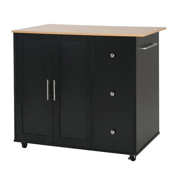 English Elm Mobile Rolling Kitchen Island with 3 Drawers Matte Black Cabinet and Natural Wood Top N779P373196B