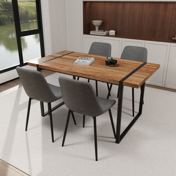 English Elm 59" Industrial Dining Set with Suede Chairs Matte Metal Base Mdf Table Seats Four Brown Grey W2189S00933