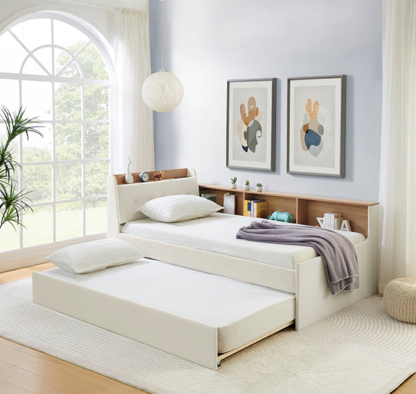 English Elm Twin Size Velvet Daybed With Trundle, Storage Headboard & Wireless Charging - Stylish & Functional! W1413S00111-GIGA