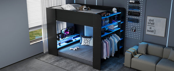 English Elm Full Size Gaming Bunk Bed with Rgb Lighting Integrated Desk Wardrobe and Storage Blue LT100266AAC
