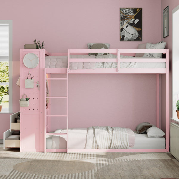 English Elm Twin Bunk Bed with Storage Drawers Hanging Rail Led Shelves and Pegboard Organizer Pink LT000282AAH
