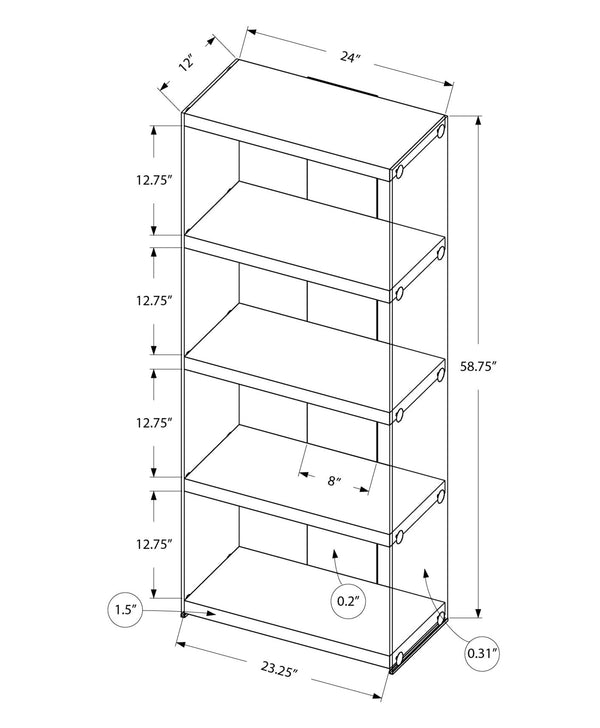 English Elm Bookshelf, 5-Tier Glossy Laminate & Tempered Glass Etagere with Chrome Accents for Small Spaces White 75 L x 15 W x 7 H B2710P219251