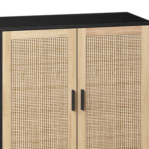 English Elm 62.20"Elegant 4-Door Rattan Storage Cabinet with Solid Wood Legs, Black, Spacious Shelves & Easy Assembly W757P174987