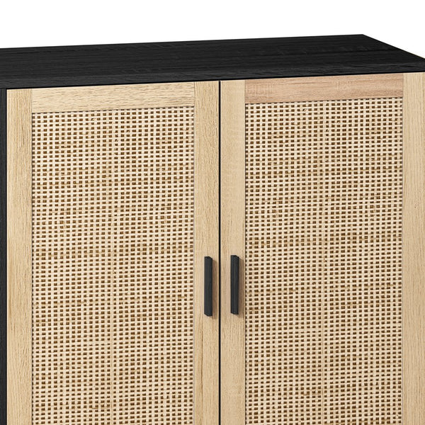 English Elm 62.20"Elegant 4-Door Rattan Storage Cabinet with Solid Wood Legs, Black, Spacious Shelves & Easy Assembly W757P174987