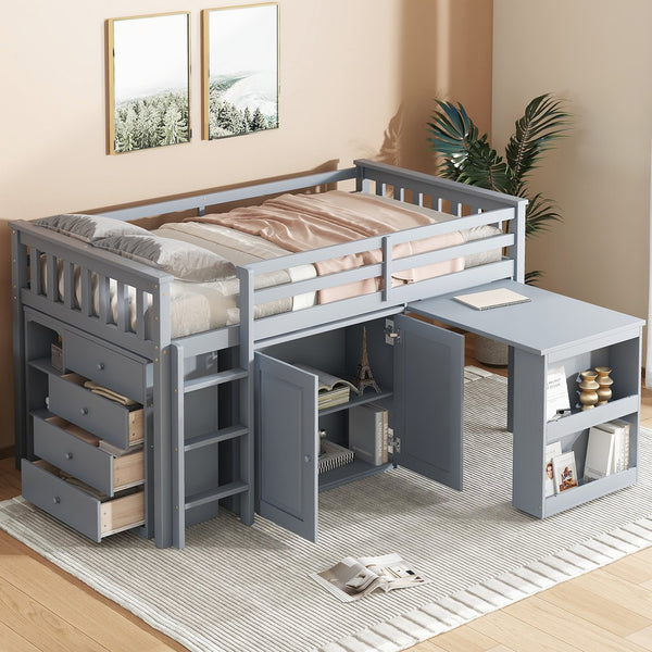 English Elm Twin Loft Bed Rubberwood Frame Pull Out Desk Storage Cabinet and Shelf Kids Room Grey W504S00287