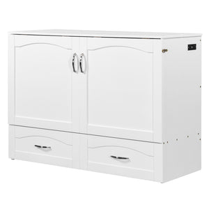 English Elm Full Size Murphy Wall Bed with Storage Drawers Usb Charging Ports and Pulley Mechanism White LP100670AAK