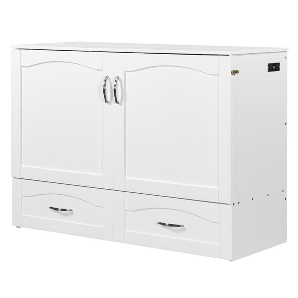 English Elm Full Size Murphy Wall Bed with Storage Drawers Usb Charging Ports and Pulley Mechanism White LP100670AAK