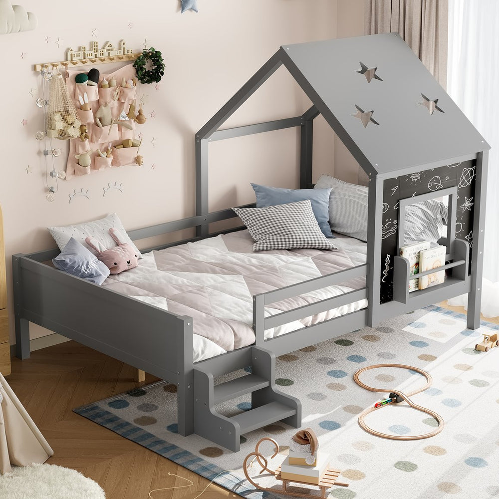 English Elm Full Bunk Bed with Trundle Bookshelf Storage Pine Frame Car Design for Kids Gray W1580S00296