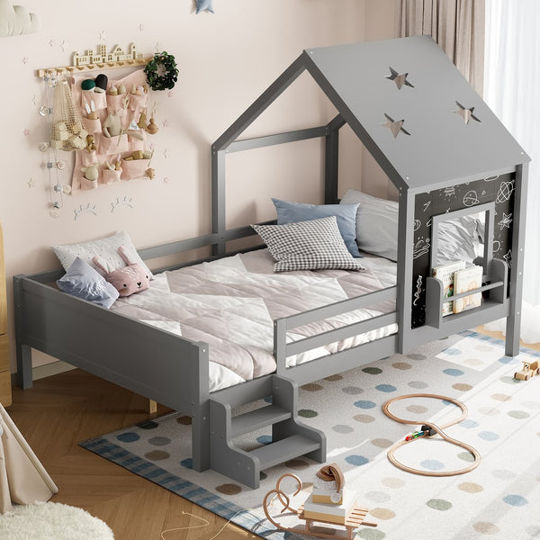 English Elm Full Bunk Bed with Trundle Bookshelf Storage Pine Frame Car Design for Kids Gray W1580S00296