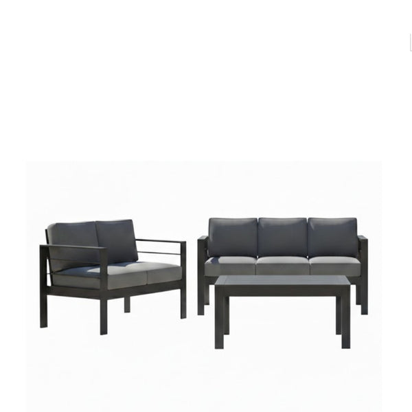 English Elm 3-piece Outdoor Aluminum Conversation Set with Deep Cushions and Wpc Coffee Table Dark Grey B082S00091