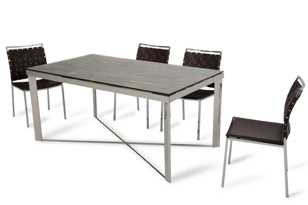 VIG Furniture Santiago Reclaimed Wood Mosaic Dining Table With 10Mm Tempered Glass Top & Polished X-Base, Seats 6 VGEWF2193AB