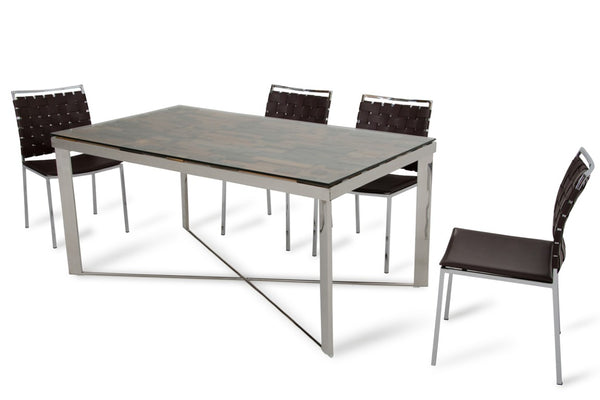 VIG Furniture Santiago Reclaimed Wood Mosaic Dining Table With 10Mm Tempered Glass Top & Polished X-Base, Seats 6 VGEWF2193AB