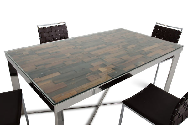 VIG Furniture Santiago Reclaimed Wood Mosaic Dining Table With 10Mm Tempered Glass Top & Polished X-Base, Seats 6 VGEWF2193AB