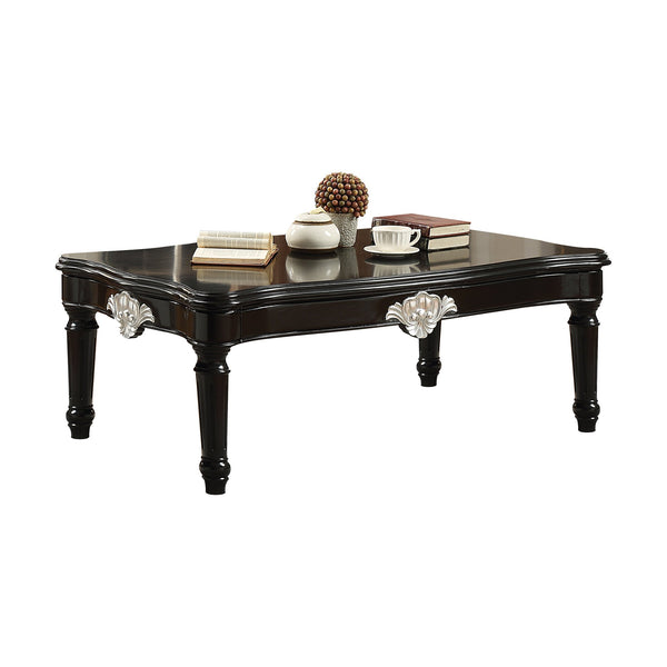 English Elm Black Black Coffee Table with Scalloped Wooden Top and Turned Legs, Durable Poplar Craftsmanship 92 B062P209075