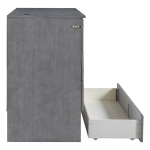 English Elm Queen Murphy Wall Bed with Rattan Panel Cabinet and Storage Drawers for Studio Rooms Gray LP000676AAE