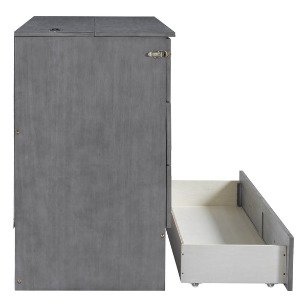 English Elm Queen Murphy Wall Bed with Rattan Panel Cabinet and Storage Drawers for Studio Rooms Gray LP000676AAE