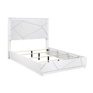 English Elm Glamorous White Lacquer California King Bed with Led Headboard and Geometric Accents B011S02214