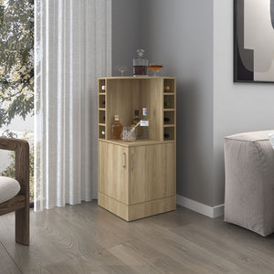 English Elm FM Corner Bar Cabinet with 8-Bottle Rack, Open Display Shelves and Hidden Storage for Home Entertaining Natural Wood 47.2 L x 23.2 W x 4.7 H B128P269880
