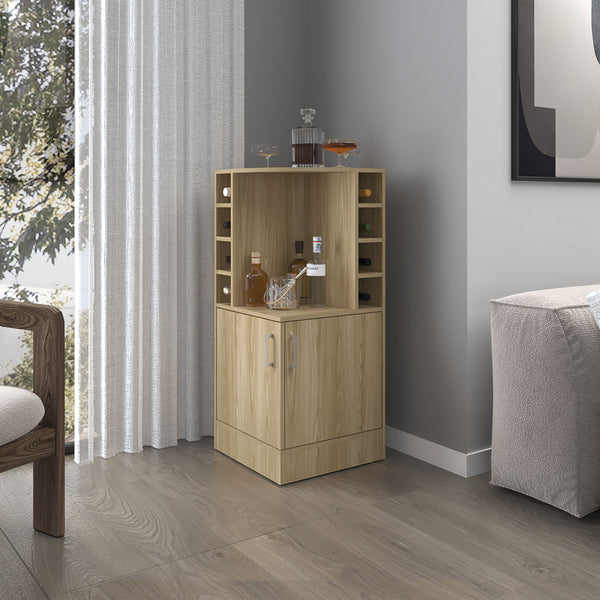 English Elm FM Corner Bar Cabinet with 8-Bottle Rack, Open Display Shelves and Hidden Storage for Home Entertaining Natural Wood 47.2 L x 23.2 W x 4.7 H B128P269880