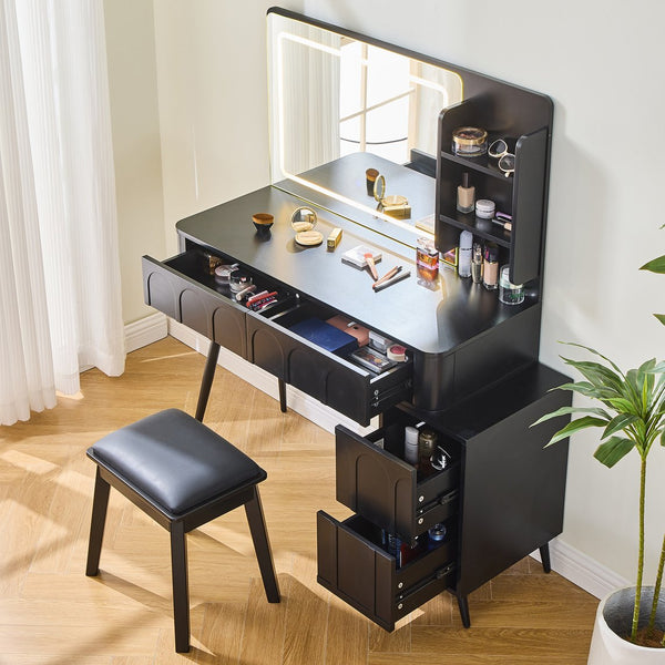 English Elm Modern Makeup Vanity Desk with Slide-Out Cabinet, LED Mirror, 4 Soft-Close Drawers & Cushioned Stool Black N844P257529B