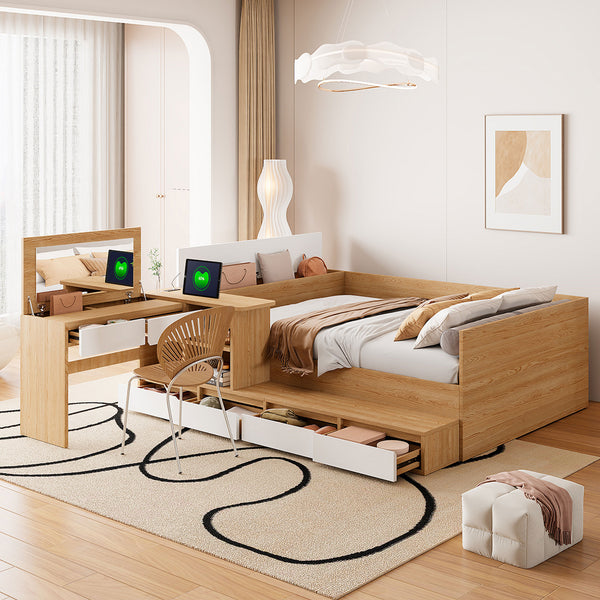 English Elm Full Size Wooden Platform Bed With 6 Drawers, Open Shelves & Dressing Table - Stylish & Functional! N820S00059N