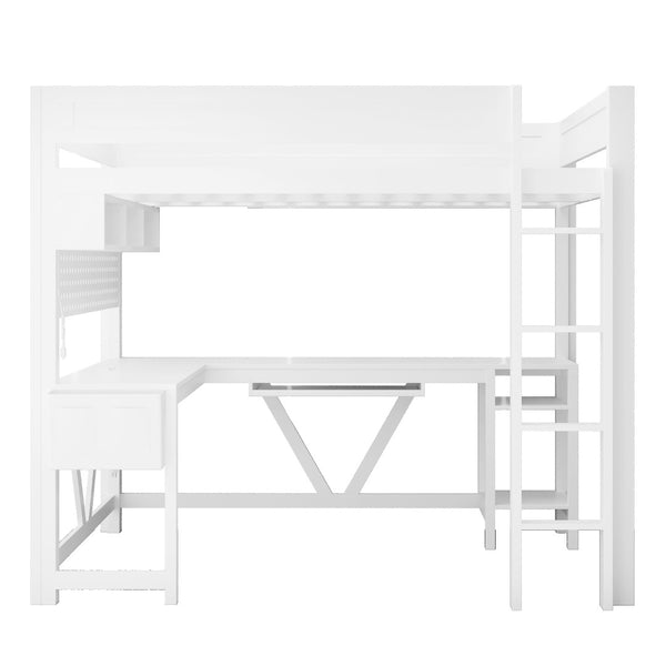 English Elm Wood Full Size Gaming Loft Bed With Desk, Led Lights, Storage Shelves & Charging Station - White N7090004022K-GIGA