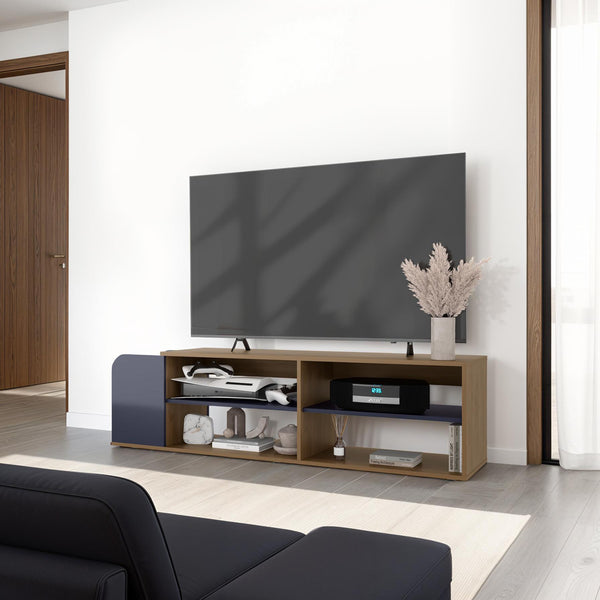 English Elm TV Stem Stand 16.5" H, 4 Shelves in Natural Oak & Alby Blue — Compact, Durable Media Storage for Living Rooms B097P395909