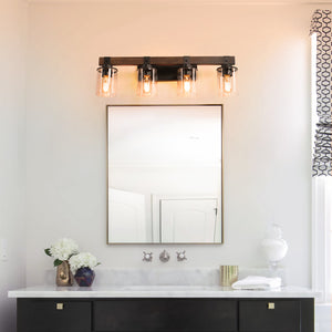English Elm 27" Rustic 4-Light Vanity Light with Clear Glass Shades and Wood Accent, Industrial Farmhouse Glow W2312P374783