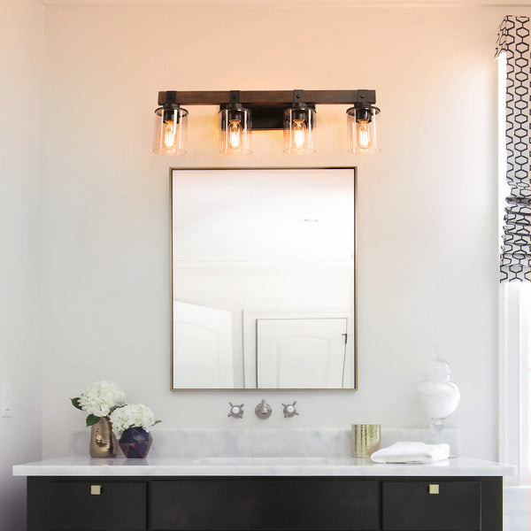 English Elm 27" Rustic 4-Light Vanity Light with Clear Glass Shades and Wood Accent, Industrial Farmhouse Glow W2312P374783