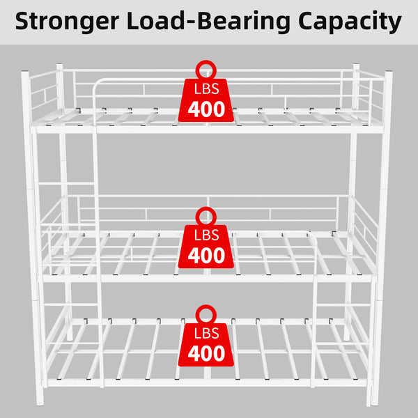 English Elm Heavy-duty triple bunk bed frame with built-in ladder, full guardrails, metal slats, space-saving design White W1935P330701