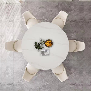 English Elm 53 Inch Round Sintered Stone Dining Table Set Six Chairs Stainless Pedestal Base W509S00174