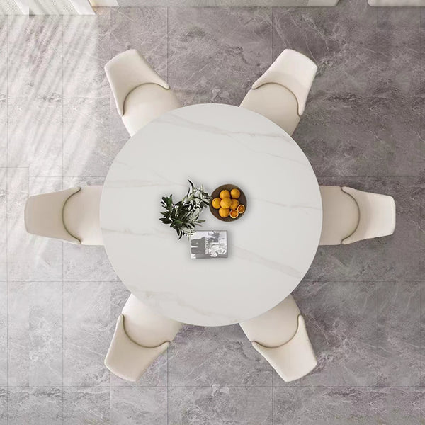 English Elm 53 Inch Round Sintered Stone Dining Table Set Six Chairs Stainless Pedestal Base W509S00174
